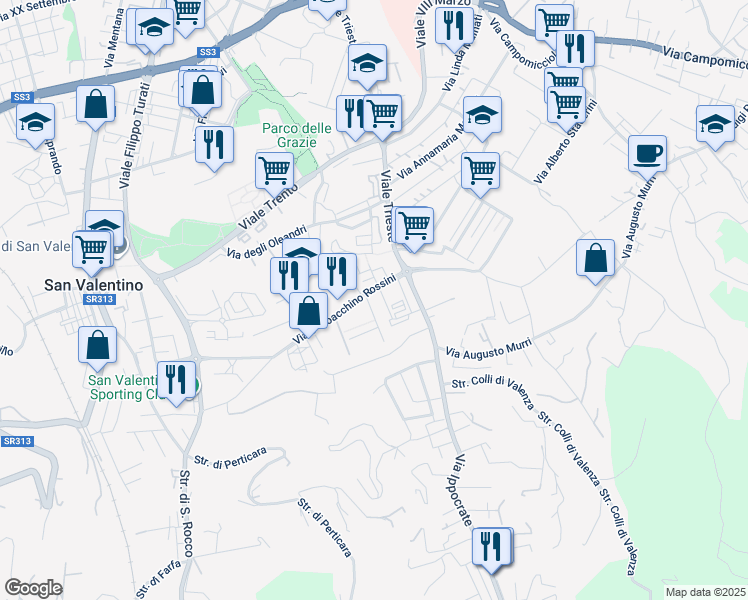 map of restaurants, bars, coffee shops, grocery stores, and more near 54 Viale Gioacchino Rossini in Terni