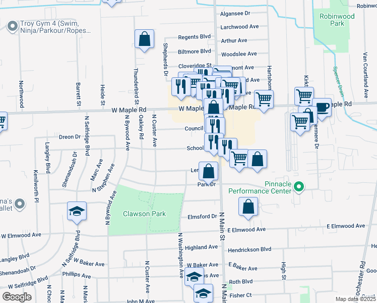 map of restaurants, bars, coffee shops, grocery stores, and more near 135 School Avenue in Clawson