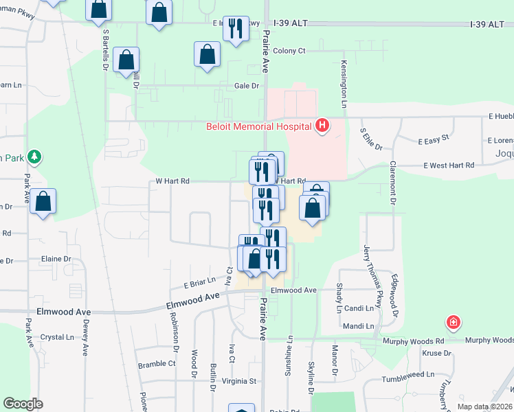 map of restaurants, bars, coffee shops, grocery stores, and more near 2787 County Highway G in Beloit