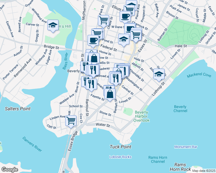 map of restaurants, bars, coffee shops, grocery stores, and more near 10-12 Moulton Court in Beverly