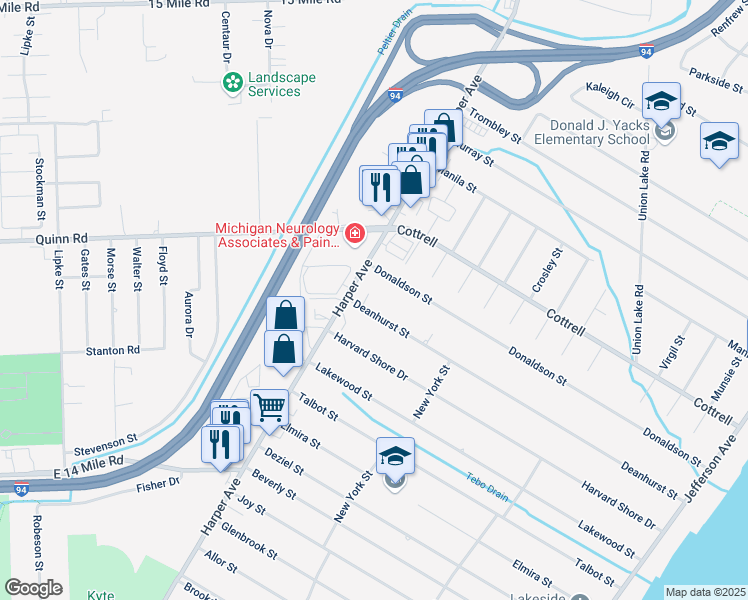 map of restaurants, bars, coffee shops, grocery stores, and more near 33900 Harper Avenue in Clinton Township