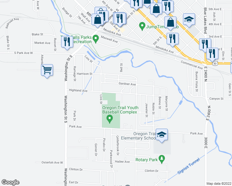 map of restaurants, bars, coffee shops, grocery stores, and more near 394 Highland Avenue in Twin Falls
