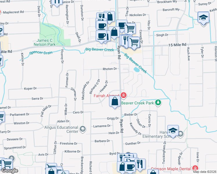 map of restaurants, bars, coffee shops, grocery stores, and more near 34567 Hawke Drive in Sterling Heights
