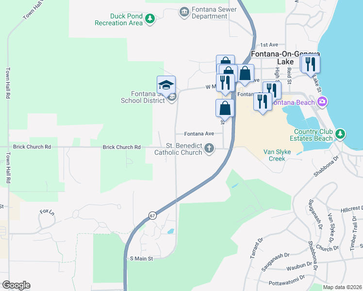 map of restaurants, bars, coffee shops, grocery stores, and more near 173 Fontana Avenue in Fontana-on-Geneva Lake