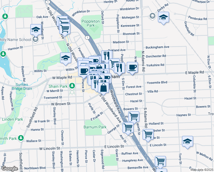 map of restaurants, bars, coffee shops, grocery stores, and more near 34901 Woodward Avenue in Birmingham