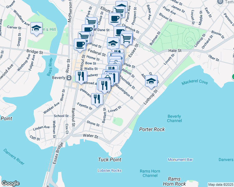 map of restaurants, bars, coffee shops, grocery stores, and more near 16 Franklin Place in Beverly