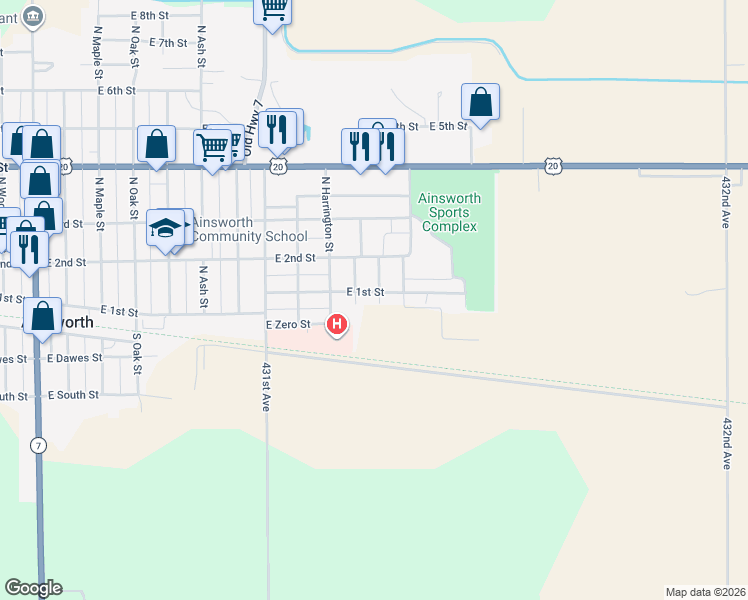 map of restaurants, bars, coffee shops, grocery stores, and more near 1206 East 1st Street in Ainsworth