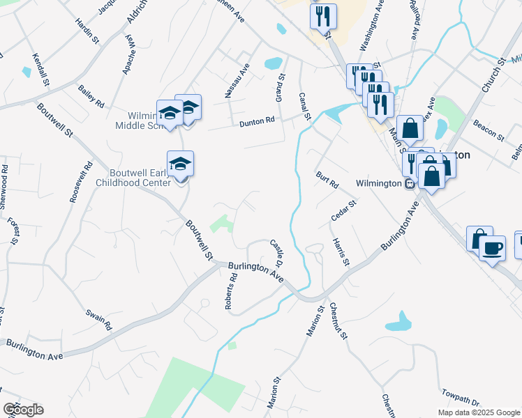 map of restaurants, bars, coffee shops, grocery stores, and more near 15 Stonehedge Drive in Wilmington
