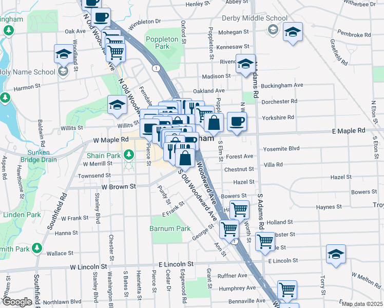 map of restaurants, bars, coffee shops, grocery stores, and more near in Birmingham