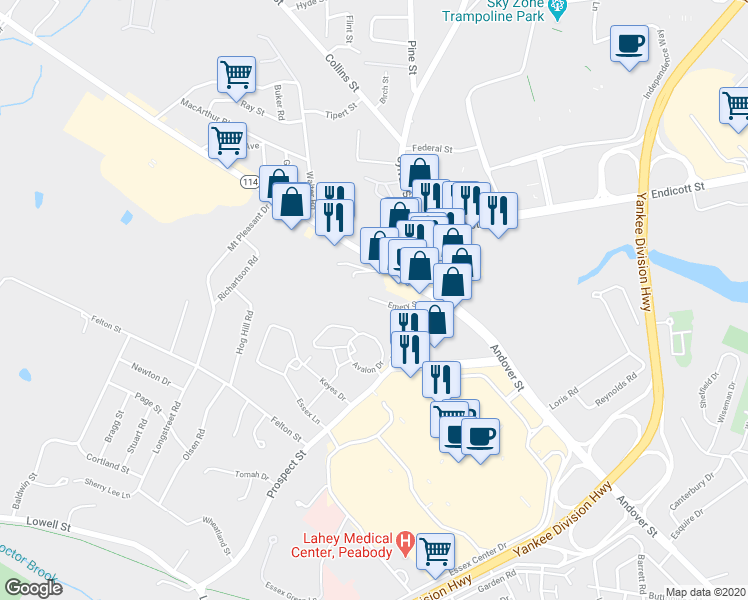 map of restaurants, bars, coffee shops, grocery stores, and more near 99 Emery Street in Peabody