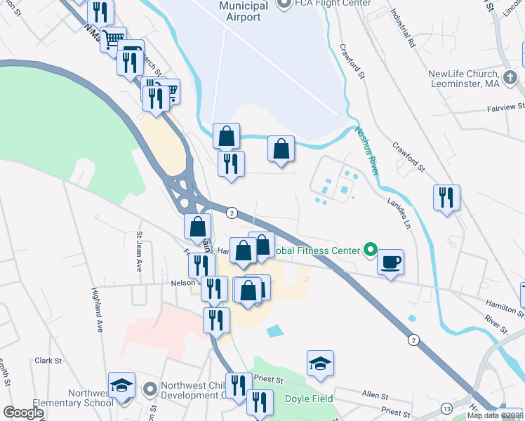 map of restaurants, bars, coffee shops, grocery stores, and more near 42 Ellen Street in Leominster