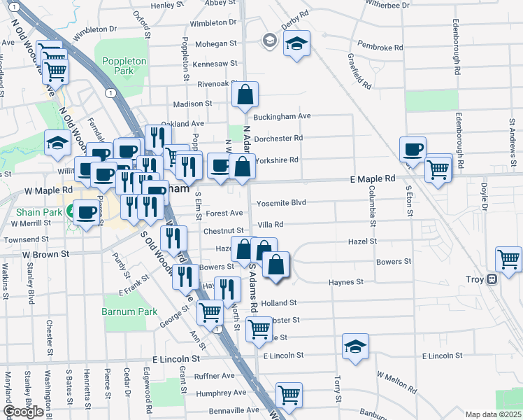 map of restaurants, bars, coffee shops, grocery stores, and more near 1166 Yosemite Boulevard in Birmingham
