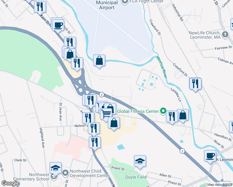 map of restaurants, bars, coffee shops, grocery stores, and more near 42 Ellenst in Leominster
