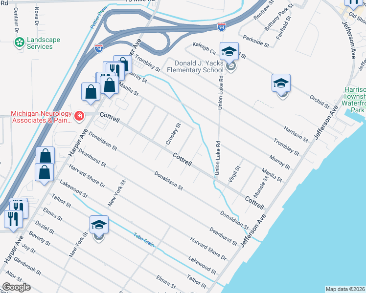 map of restaurants, bars, coffee shops, grocery stores, and more near 34352 Rhode Island Street in Clinton Township