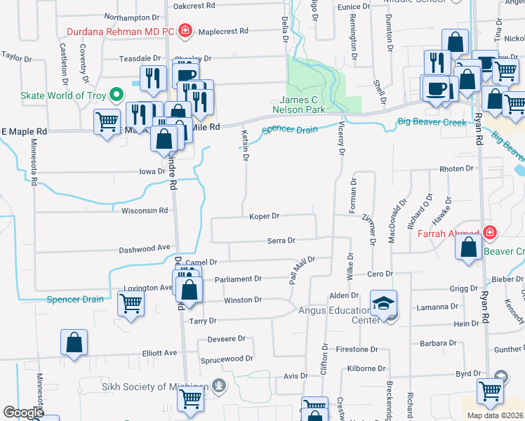map of restaurants, bars, coffee shops, grocery stores, and more near 2527 Koper Drive in Sterling Heights