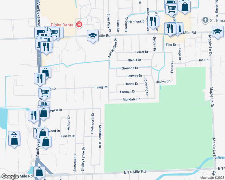 map of restaurants, bars, coffee shops, grocery stores, and more near 11053 Lorman Drive in Sterling Heights