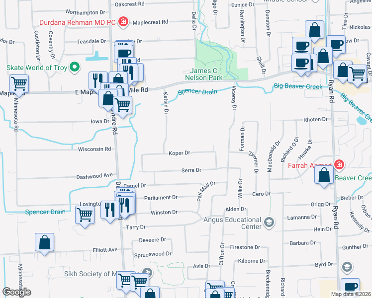 map of restaurants, bars, coffee shops, grocery stores, and more near 2527 Koper Drive in Sterling Heights