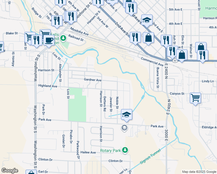 map of restaurants, bars, coffee shops, grocery stores, and more near 580 Gardner Avenue in Twin Falls