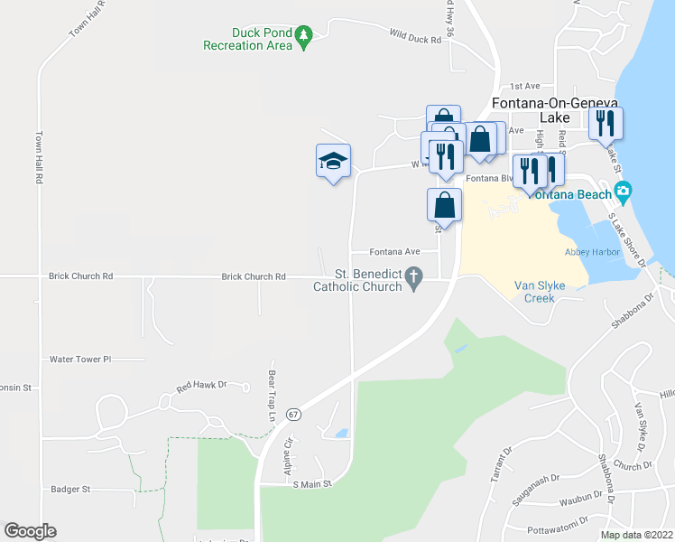 map of restaurants, bars, coffee shops, grocery stores, and more near 208 Dewey Avenue in Fontana-on-Geneva Lake