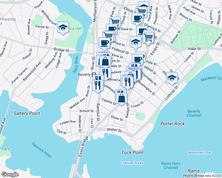 map of restaurants, bars, coffee shops, grocery stores, and more near 31 Pleasant Street in Beverly