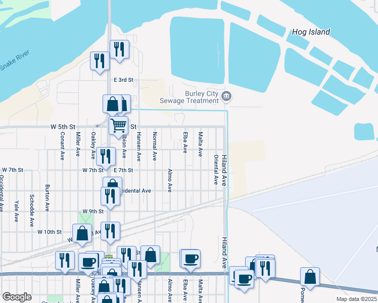 map of restaurants, bars, coffee shops, grocery stores, and more near 601 Elba Avenue in Burley