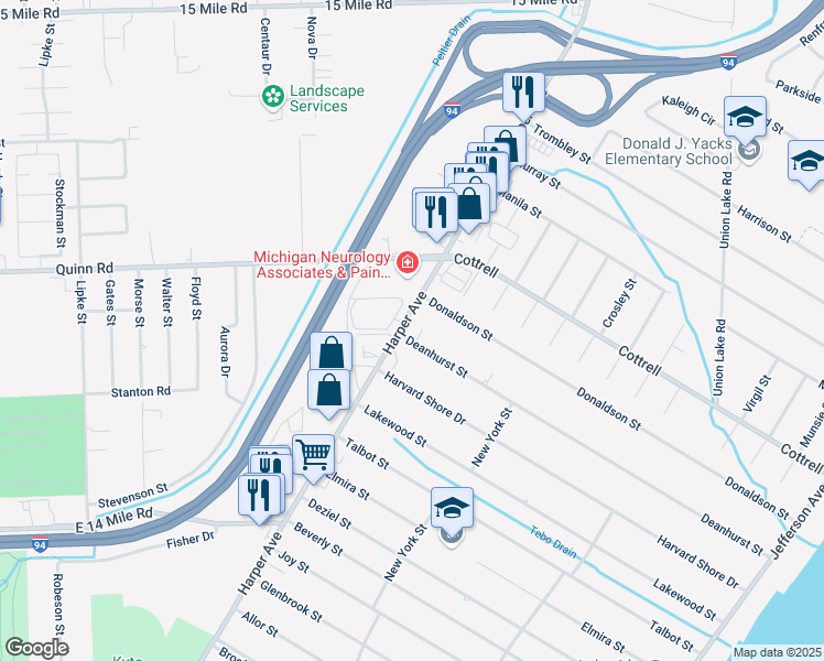 map of restaurants, bars, coffee shops, grocery stores, and more near 33900 Harper Avenue in Clinton Township