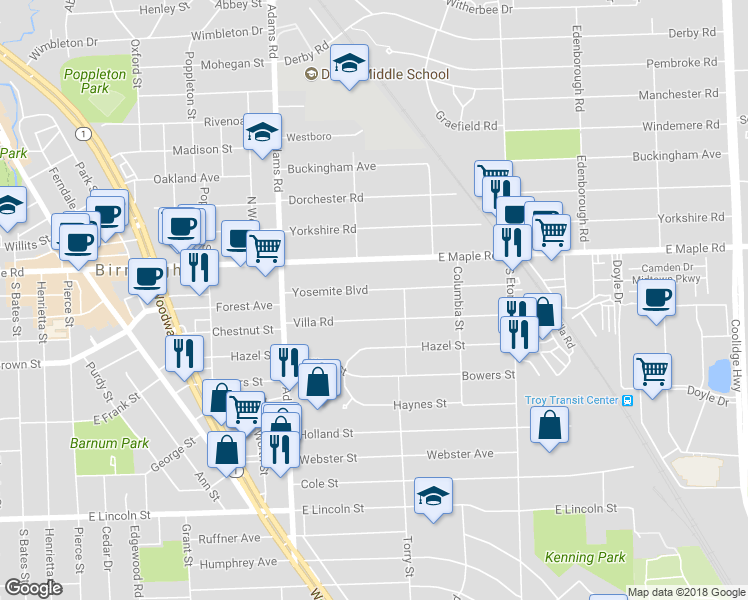 map of restaurants, bars, coffee shops, grocery stores, and more near 1498 Yosemite Boulevard in Birmingham