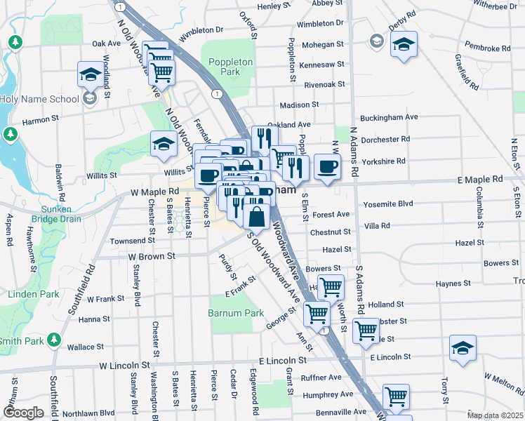 map of restaurants, bars, coffee shops, grocery stores, and more near 34901 Woodward Avenue in Birmingham