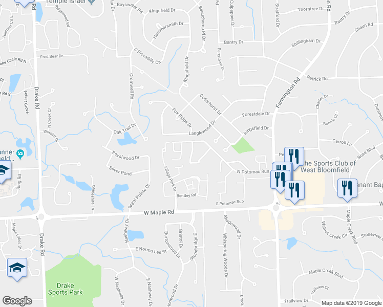 map of restaurants, bars, coffee shops, grocery stores, and more near 5345 Wright Way West in West Bloomfield