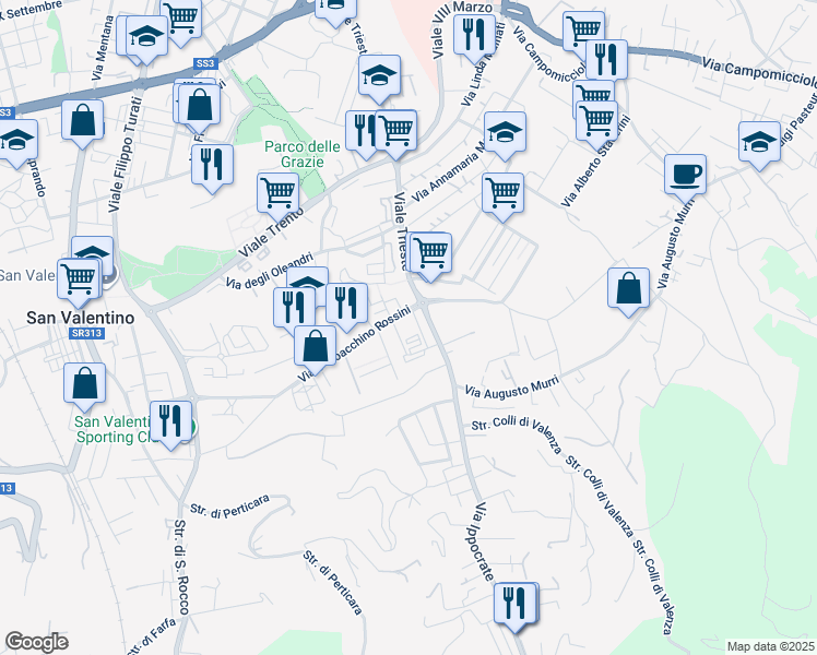 map of restaurants, bars, coffee shops, grocery stores, and more near 54 Viale Gioacchino Rossini in Terni