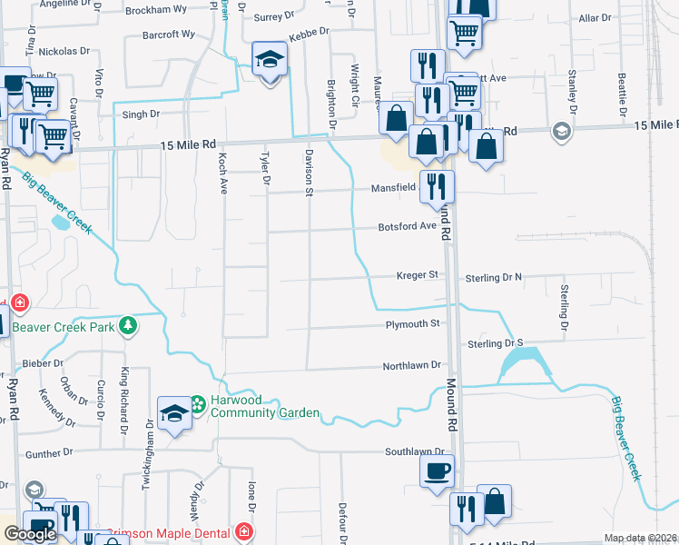 map of restaurants, bars, coffee shops, grocery stores, and more near 5365 Kreger Street in Sterling Heights
