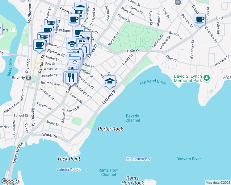 map of restaurants, bars, coffee shops, grocery stores, and more near 85 Lothrop Street in Beverly