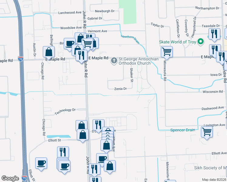 map of restaurants, bars, coffee shops, grocery stores, and more near 2202 Zenia Drive in Troy