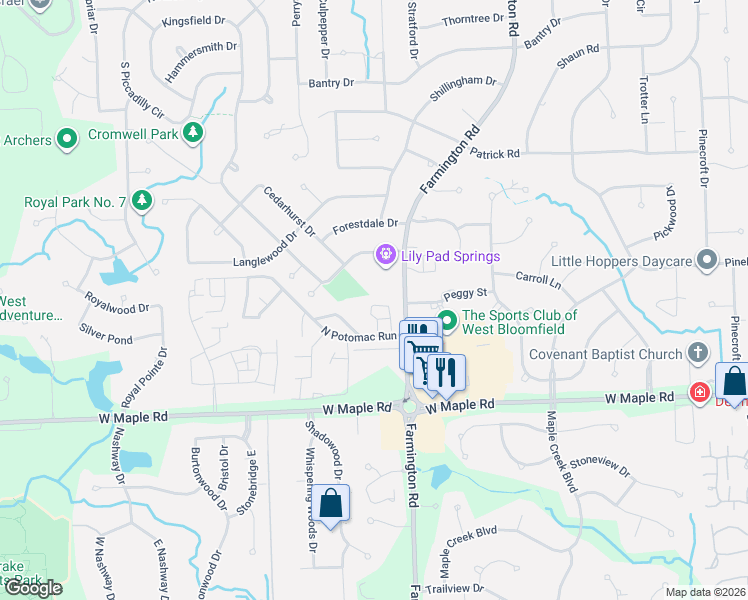 map of restaurants, bars, coffee shops, grocery stores, and more near 6254 Potomac Circle in West Bloomfield Township