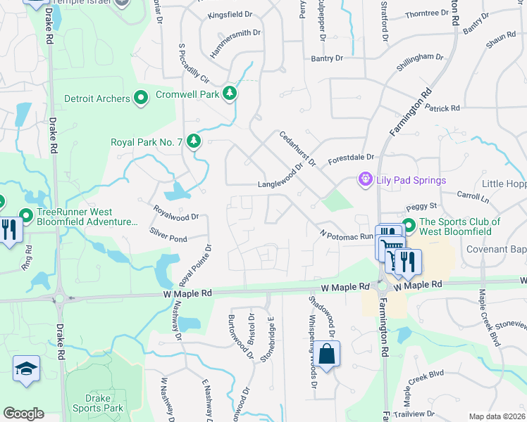 map of restaurants, bars, coffee shops, grocery stores, and more near 5417 Carol Run West in West Bloomfield Township