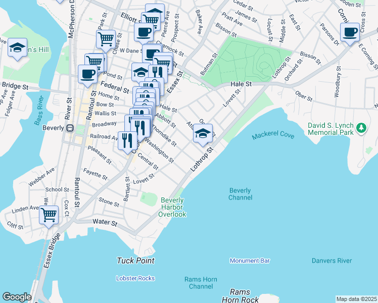 map of restaurants, bars, coffee shops, grocery stores, and more near 43 Abbott Street in Beverly