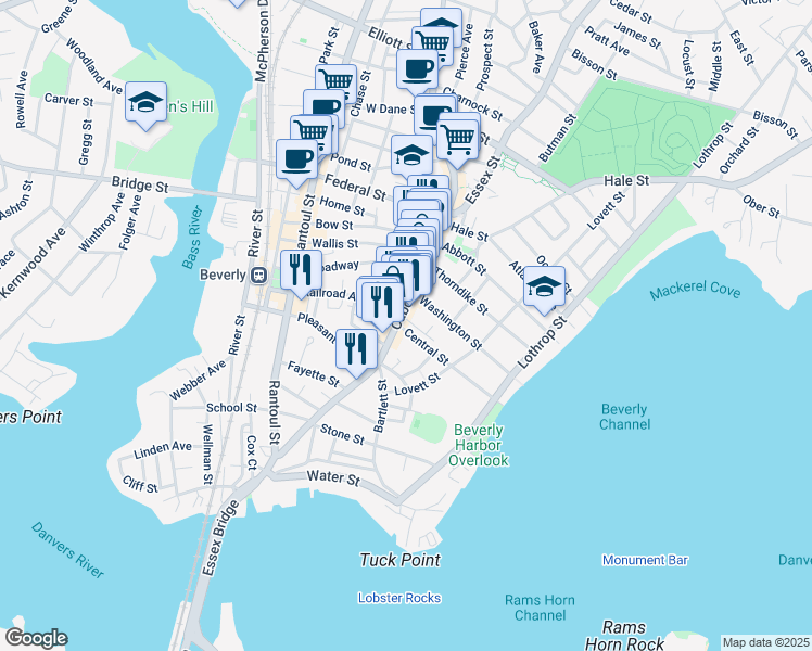 map of restaurants, bars, coffee shops, grocery stores, and more near 125 Cabot Street in Beverly