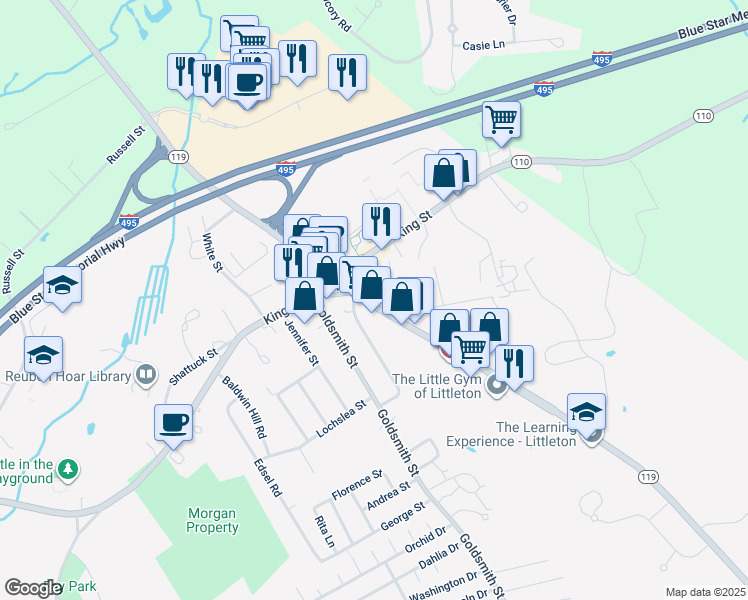 map of restaurants, bars, coffee shops, grocery stores, and more near 311 Great Road in Littleton