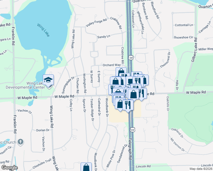 map of restaurants, bars, coffee shops, grocery stores, and more near 6375 East Surrey in Bloomfield Hills
