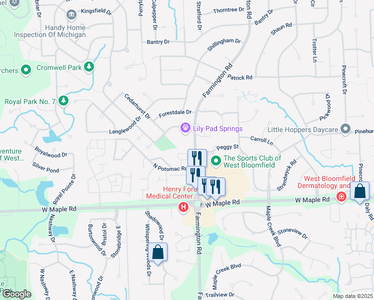 map of restaurants, bars, coffee shops, grocery stores, and more near 6269 Potomac Circle in West Bloomfield Township