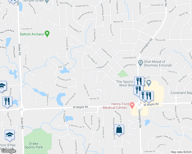 map of restaurants, bars, coffee shops, grocery stores, and more near 5345 Wright Way West in West Bloomfield Township