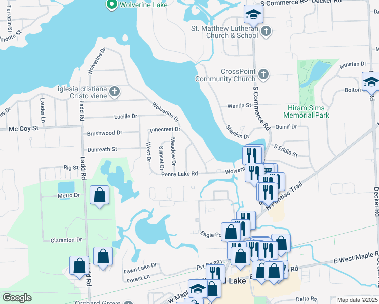 map of restaurants, bars, coffee shops, grocery stores, and more near 1458 Adrian Road in Wolverine Lake
