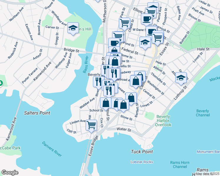 map of restaurants, bars, coffee shops, grocery stores, and more near 116 Rantoul Street in Beverly