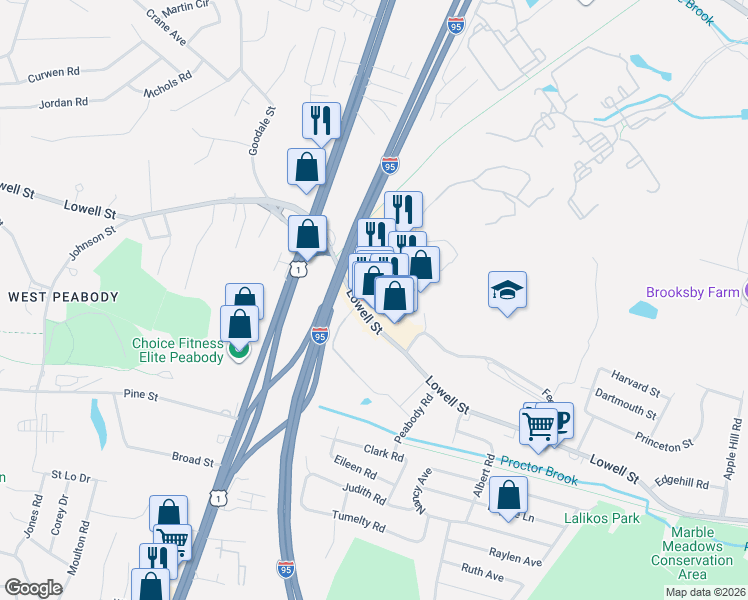map of restaurants, bars, coffee shops, grocery stores, and more near 1 Bourbon Street in Peabody
