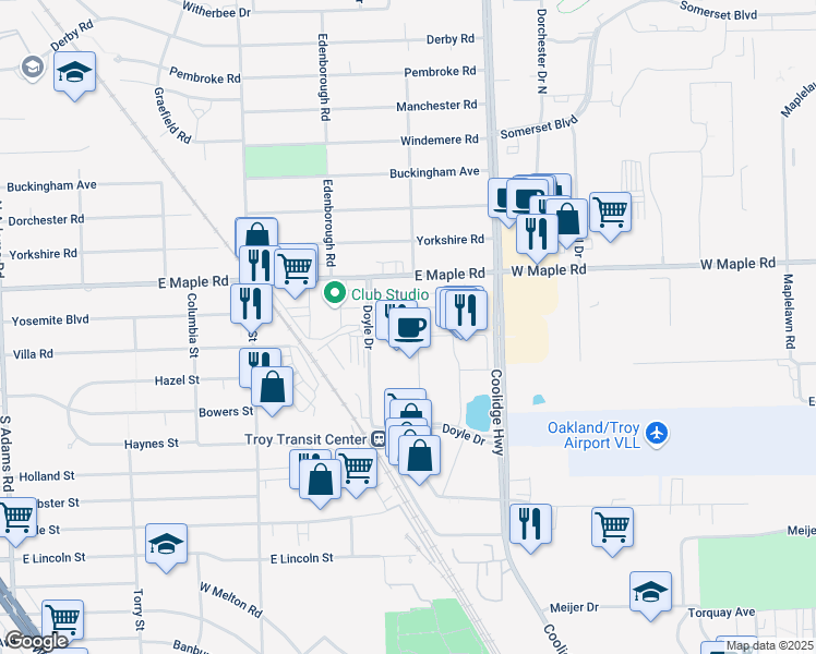 map of restaurants, bars, coffee shops, grocery stores, and more near 3197 Newbury Place in Troy