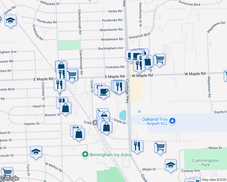 map of restaurants, bars, coffee shops, grocery stores, and more near 1380 Raliegh Place in Troy