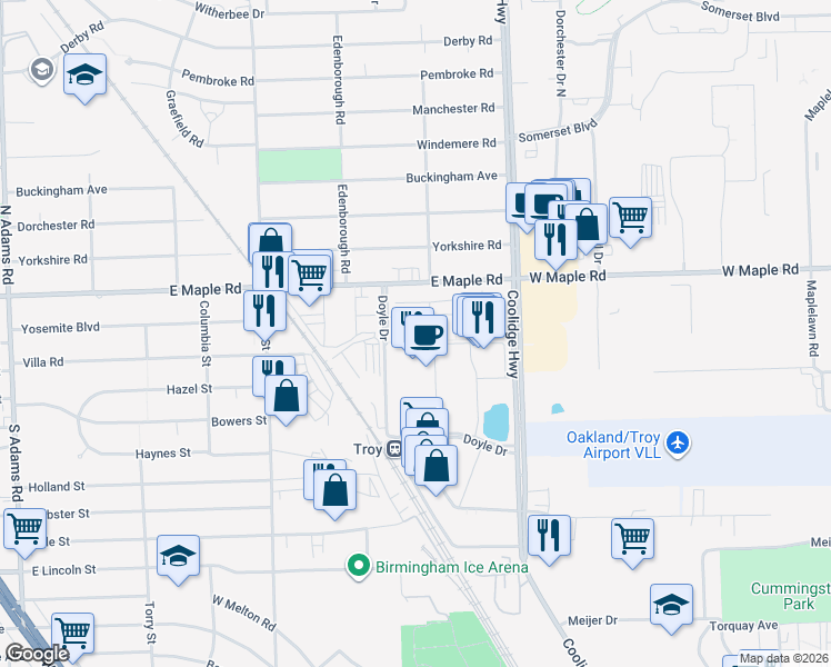 map of restaurants, bars, coffee shops, grocery stores, and more near 3245 Newbury Place in Troy