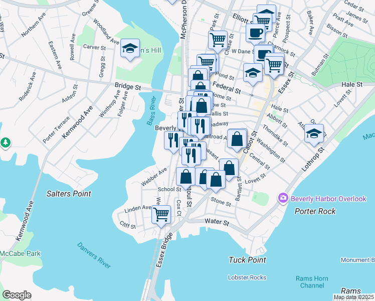 map of restaurants, bars, coffee shops, grocery stores, and more near 62 Pleasant Street in Beverly