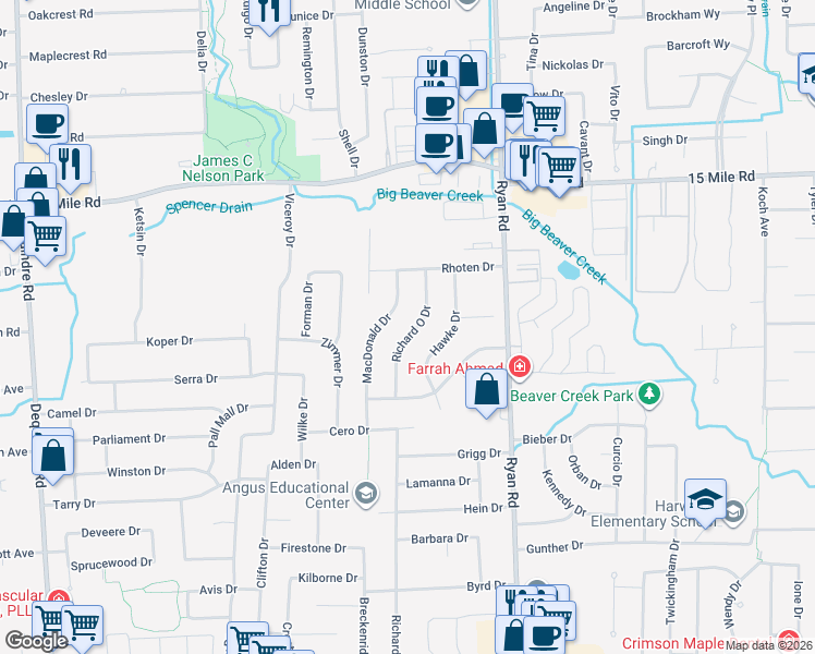 map of restaurants, bars, coffee shops, grocery stores, and more near 34563 Richard O Drive in Sterling Heights