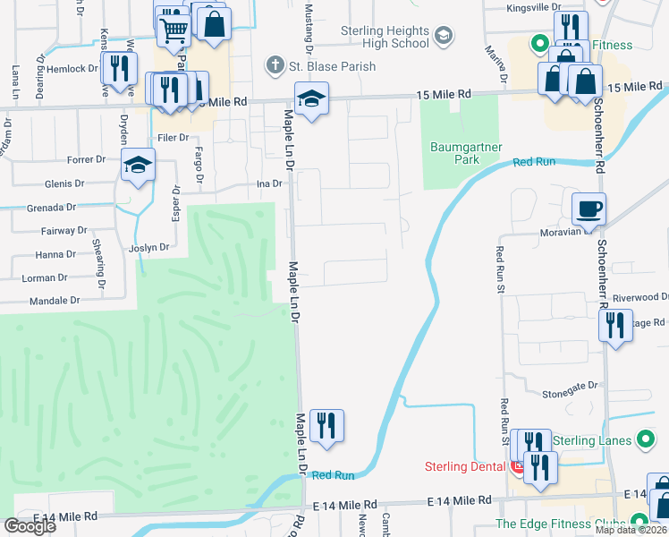 map of restaurants, bars, coffee shops, grocery stores, and more near 12220 Prairie Drive in Sterling Heights